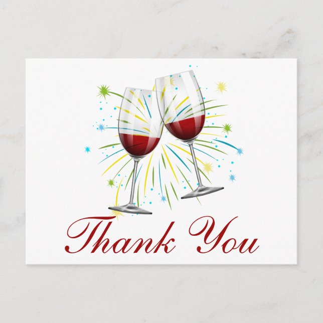 Red Burgundy Thank You Wine Glasses Wedding Postcard (Front)