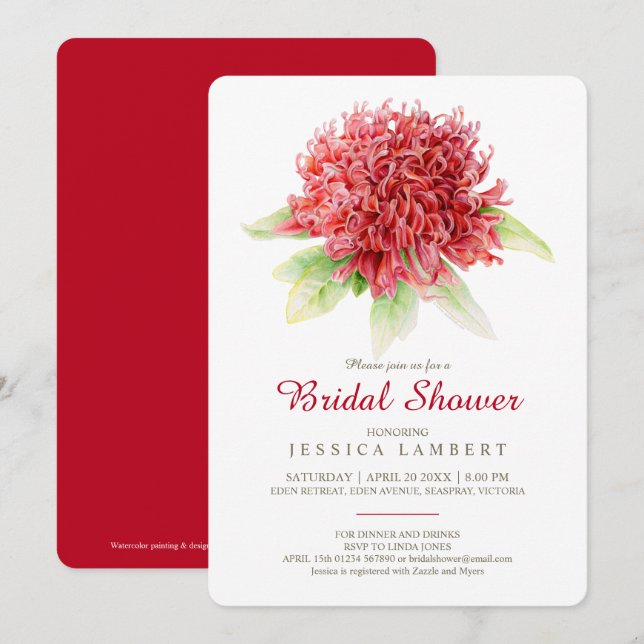 Red burgundy waratah floral bridal shower invitation (Front/Back)