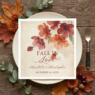 Red Burgundy Watercolor Fall In Love Wedding Napkin