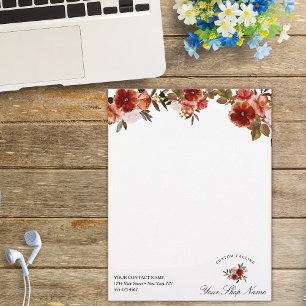 Red burgundy watercolor roses, Business name Custom Letterhead