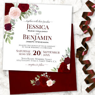 Red & Burgundy Watercolor Roses Elegant Wedding Invitation