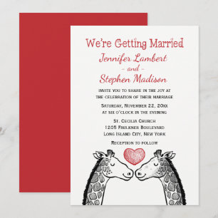 Red Burgundy Wedding Giraffe Love Heart Cartoon Invitation