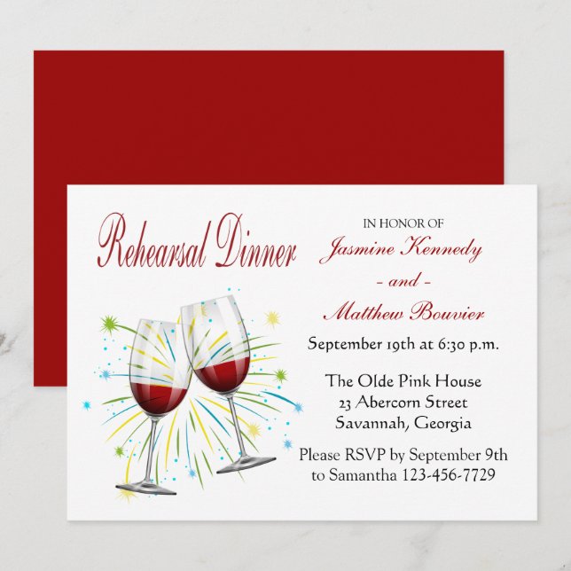 Red Burgundy Wedding Rehearsal Dinner Wine Glasses Invitation (Front/Back)