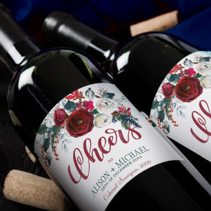 Red burgundy white floral bouquet cheers wedding wine label