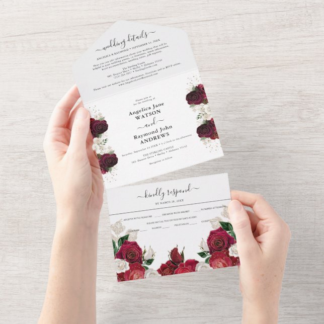Red Burgundy & White Floral Elegant Wedding All In One Invitation (Tearaway)