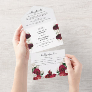 Red Burgundy & White Floral Elegant Wedding All In One Invitation