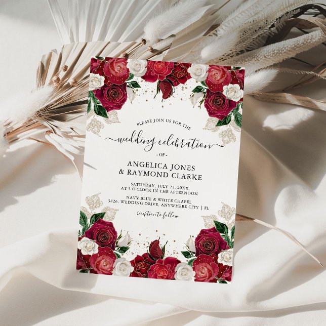 Red Burgundy & White Floral Elegant Wedding Invitation (Creator Uploaded)
