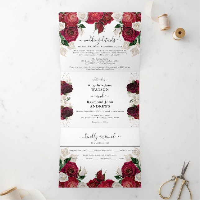 Red Burgundy & White Floral Elegant Wedding Tri-Fold Invitation (Inside)