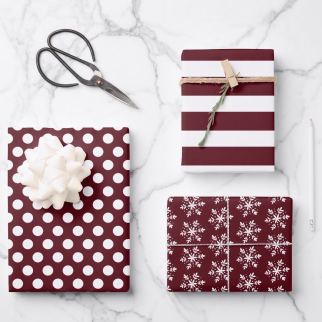 Red Burgundy White Polka Dots Stripes Snowflakes Wrapping Paper Sheet (Front)