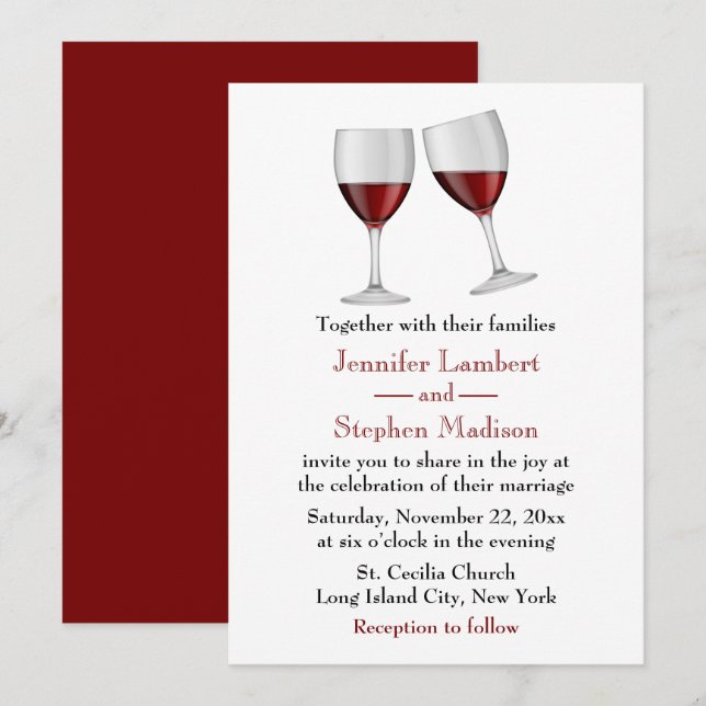 Red Burgundy Wine Glasses Wedding Party Invitation (Front/Back)
