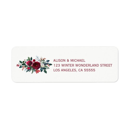 Red burgundy winter peonies wedding elegant chic return address label