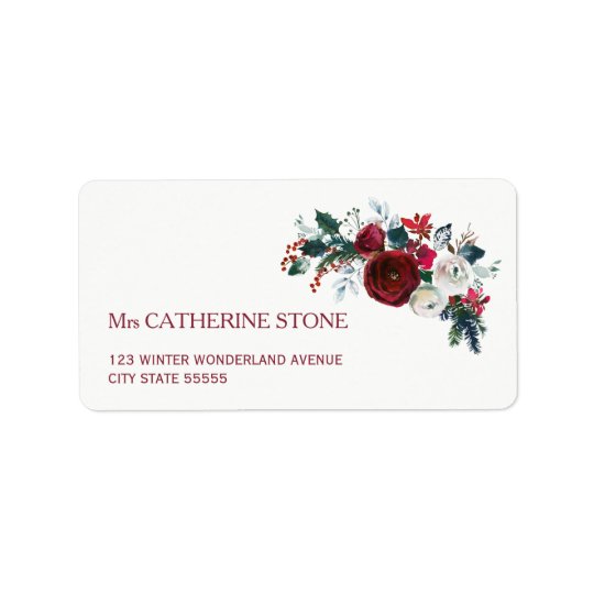 Red burgundy winter peony flowers elegant address address label