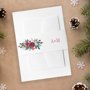 Red burgundy wionter peonies wedding monogram invitation belly band