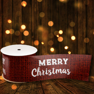    Red Burlap Fabric Labels Rustic Merry Christmas Satin Ribbon