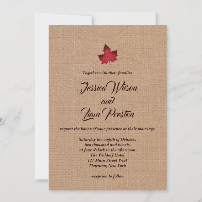 Red Burlap Maple Leaf Wedding Invitation (Front)