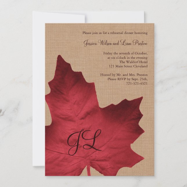 Red Burlap Monogrammed Rehearsal Dinner Invite (Front)