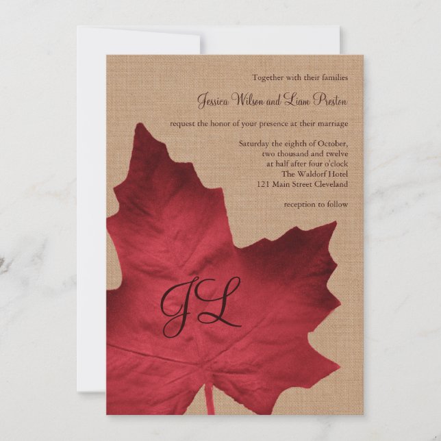 Red Burlap Monogrammed Wedding Invitation (Front)