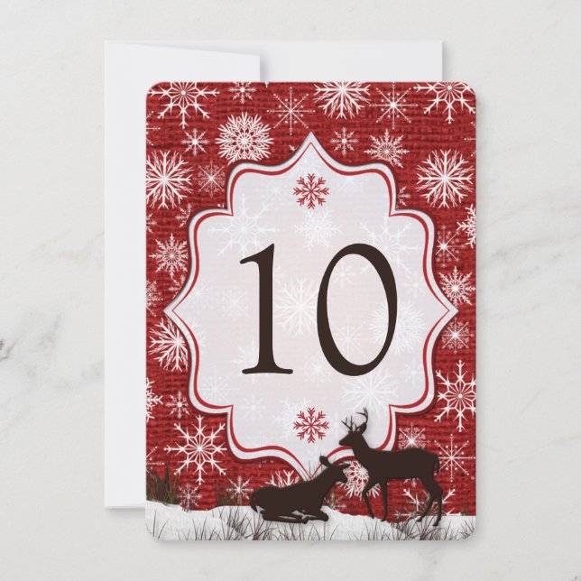Red Burlap, Snowflakes, Deer Wedding Table Number (Front)
