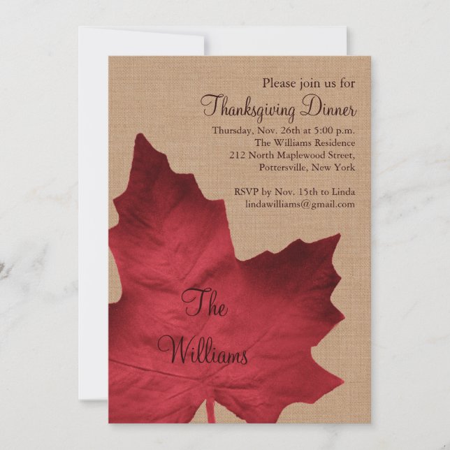 Red Burlap Thanksgiving Dinner Invitation (Front)