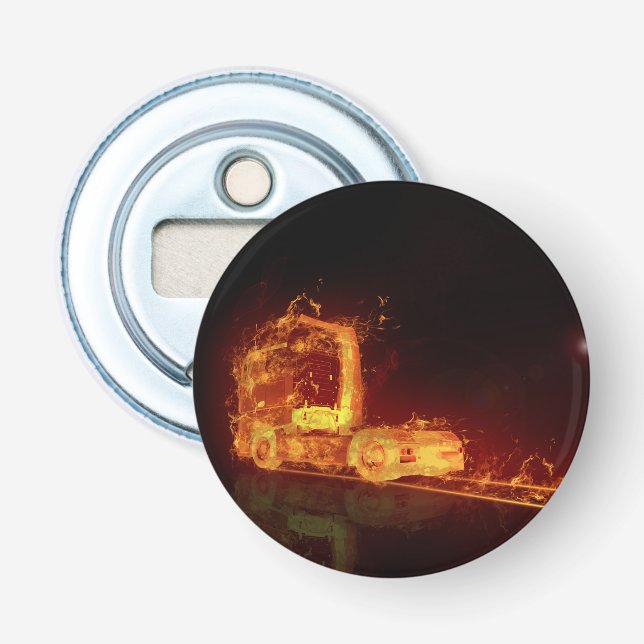 Red Burning Truck in Fire Flames Bottle Opener (Front)