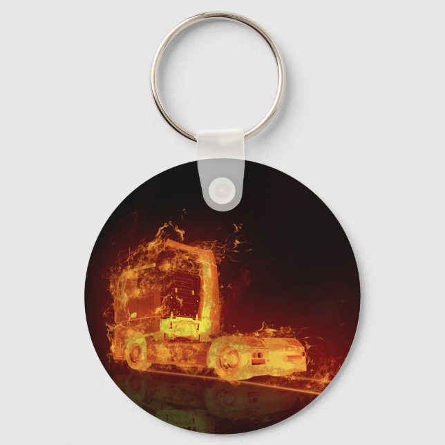 Red Burning Truck in Fire Flames Key Ring (Front)