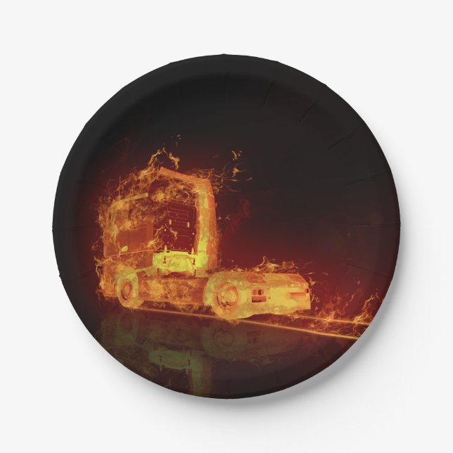 Red Burning Truck in Fire Flames Paper Plate (Front)