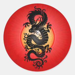 Red Burst Chinese Dragon Classic Round Sticker