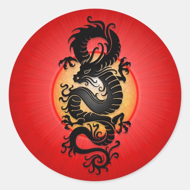 Red Burst Chinese Dragon Classic Round Sticker (Front)