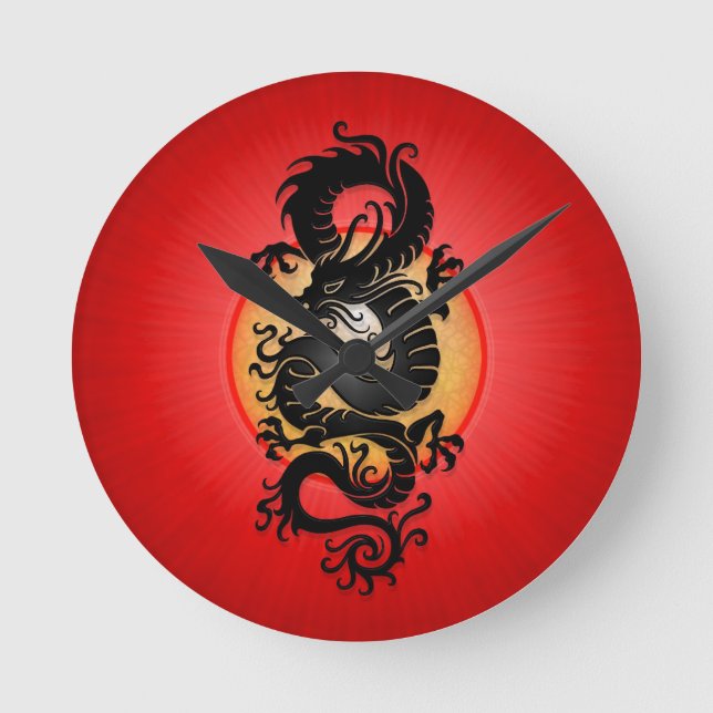 Red Burst Chinese Dragon Round Clock (Front)