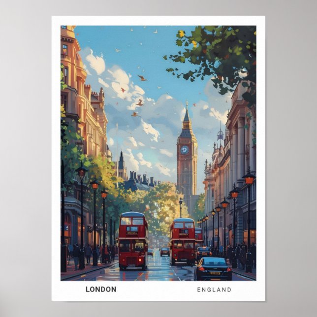 Red Bus London England Vintage Travel  Poster (Front)