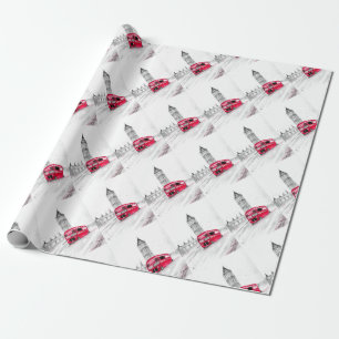 Red bus London England vintage watercolor Wrapping Paper