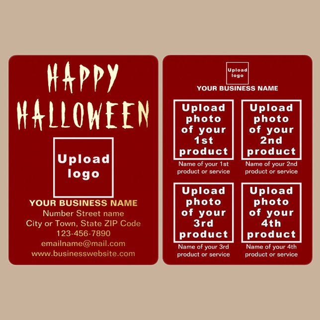 Red Business Brand on Halloween Foil Holiday Card (Red business brand with products or services on Halloween foil holiday card.)