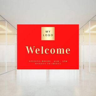 Red business logo welcome opening hours window cling