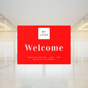 Red business logo welcome opening hours window cling