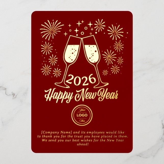 Red Business New Year 2026 Champagne Gold Foil Holiday Card (Front)