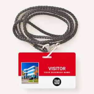 Red Business Visitor Photo Bar Code, Logo Lanyard ID Badge