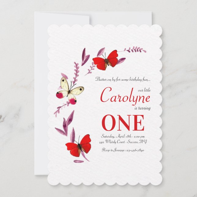 Red Butterflies Birthday Party Invitation (Front)