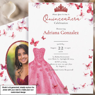 Red Butterflies Dress Photo 15 XV Quinceanera Invitation