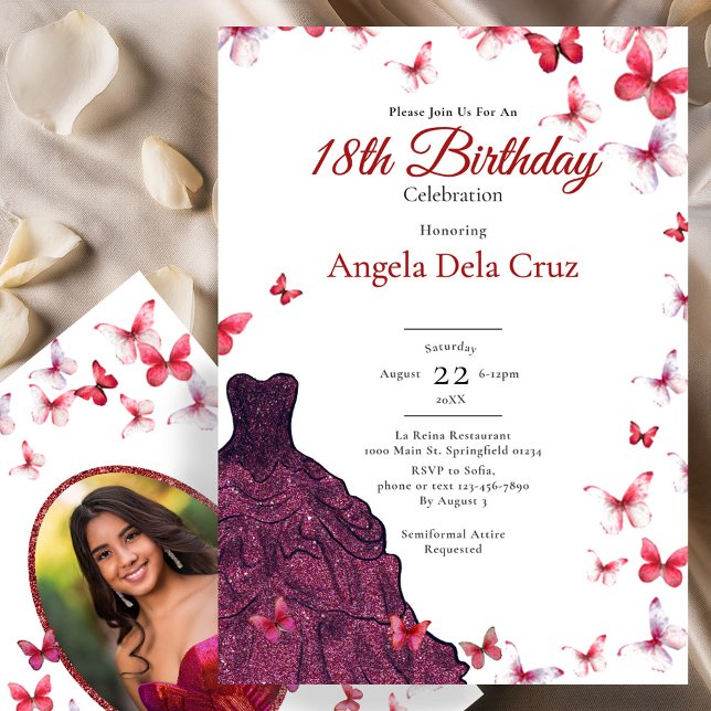 Red Butterflies Elegant Dress 18th Birthday Debut Invitation (Creator Uploaded)