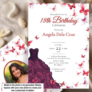 Red Butterflies Elegant Dress 18th Birthday Debut Invitation