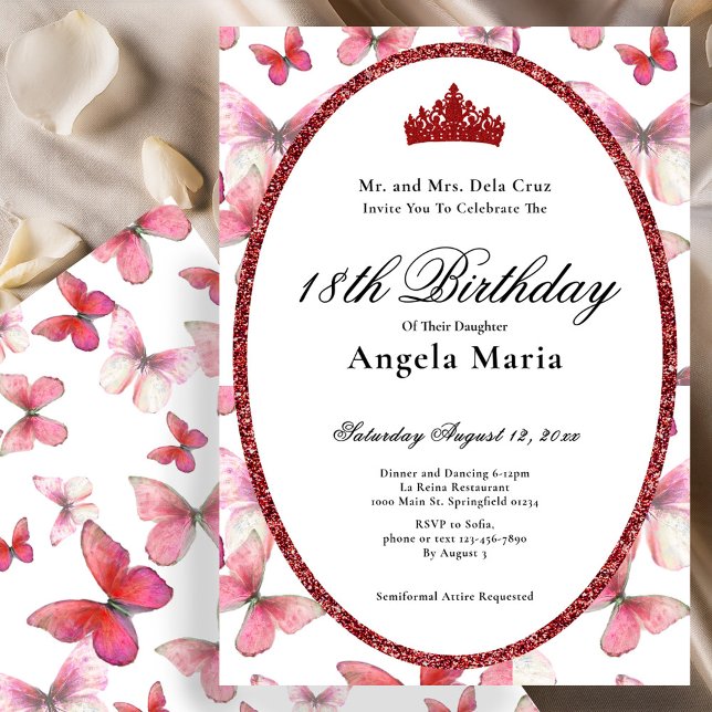 Red Butterflies Glam 18th Birthday Debut Invitation (Creator Uploaded)