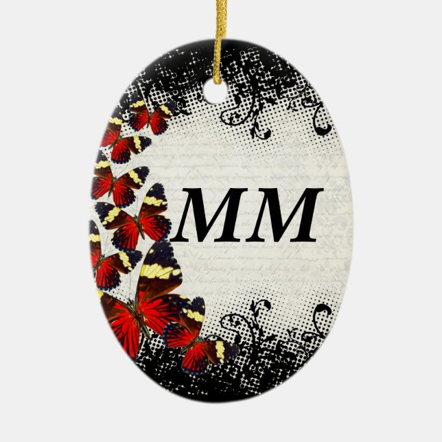 Red butterflies on black lace ceramic tree decoration (Front)