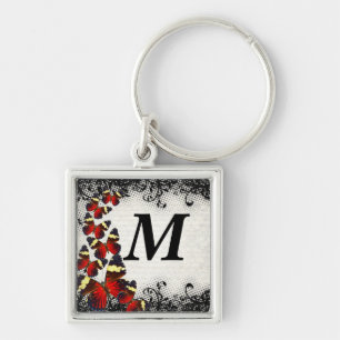 Red butterflies on black lace key ring