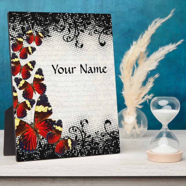 Red butterflies on black lace plaque (Side)