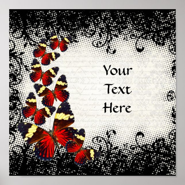 Red butterflies on black lace poster (Front)