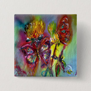 RED BUTTERFLIES ON YELLOW THISTLES,BLUE SKY Floral 15 Cm Square Badge