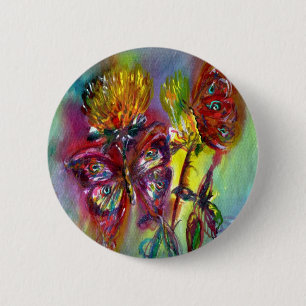RED BUTTERFLIES ON YELLOW THISTLES,BLUE SKY Floral 6 Cm Round Badge
