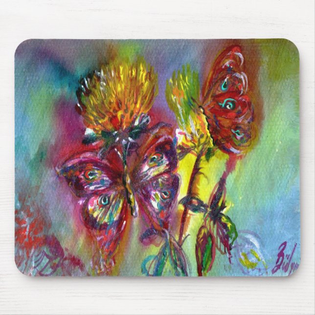 RED BUTTERFLIES ON YELLOW THISTLES,BLUE SKY Floral Mouse Mat (Front)