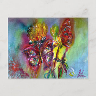 RED BUTTERFLIES ON YELLOW THISTLES,BLUE SKY Floral Postcard