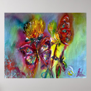 RED BUTTERFLIES ON YELLOW THISTLES,BLUE SKY Floral Poster
